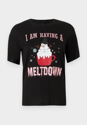 Čierna tričko s krátkym rukávom s červeným hrnčekom, na ktorom je topiaci sa snehuliak, snehové vločky a text "Mám meltdown" v ružových písmach.