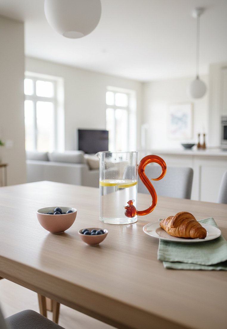 Szklany dzbanek z wodą cytrynową i zakrzywioną pomarańczową rączką, dwie miski borówek oraz rogalik na białym talerzu z zielonym serwetką na drewnianym stole.