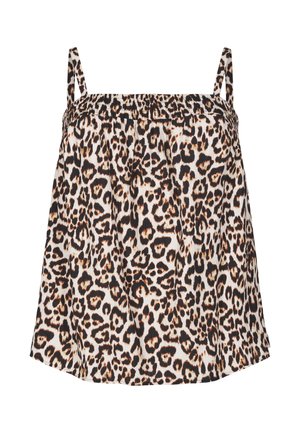 Leopard print cami top with thin straps, smocked bodice, pleated design, and a flared silhouette. Predominantly beige with black and brown accents.