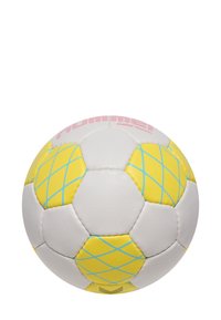 Pallone da calcio bianco con pannelli gialli caratterizzati da motivi a diamante blu. Il testo recita "Classic Training" in rosa. Texture liscia, dimensione standard.