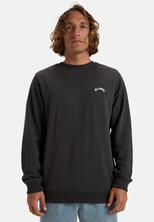Sweatshirt gris foncé avec un col rond côtelé, des manches longues et un petit logo blanc sur la poitrine. Conçu en tissu doux et épais.