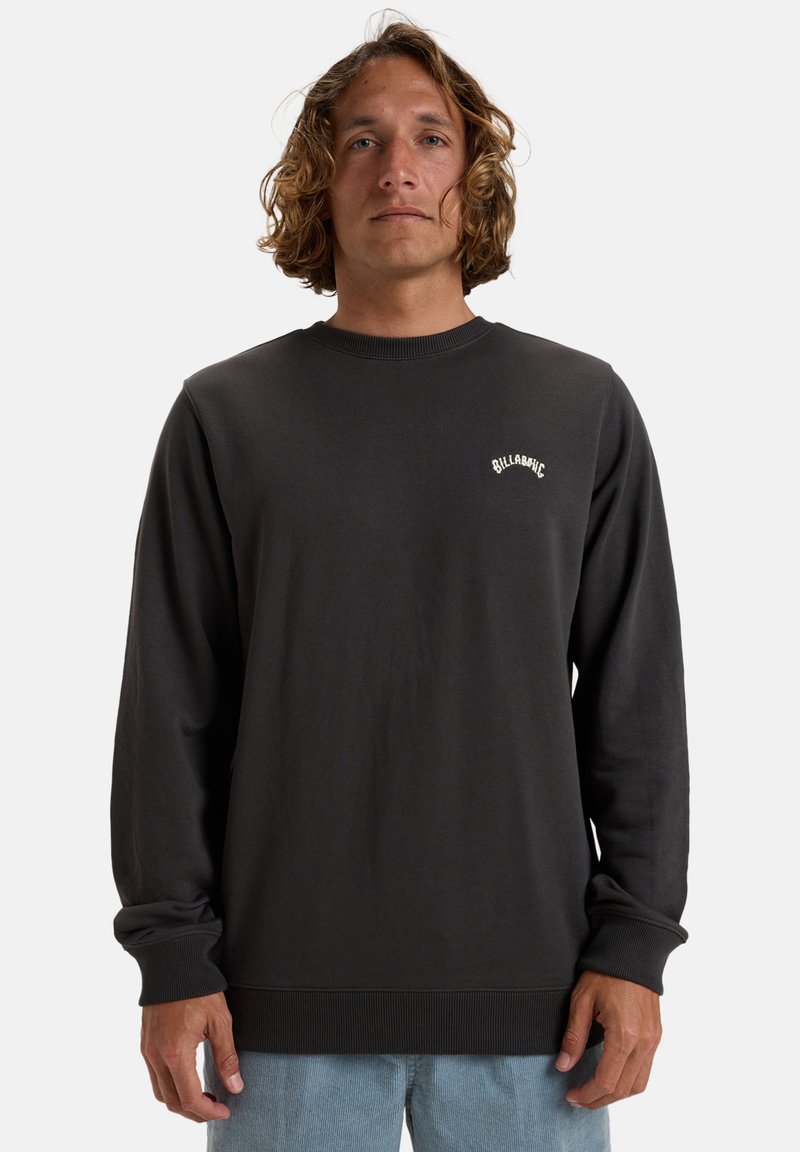 Mørkegrå sweatshirt med ribbet rund halsudskæring, lange ærmer og et lille hvidt logo på brystet. Lavet af blødt, tykt stof.