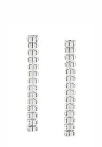 Boucles d'oreilles en cristal transparent présentant des formes géométriques rectangulaires, disposées en rangées verticales avec une finition polie et une texture lisse.