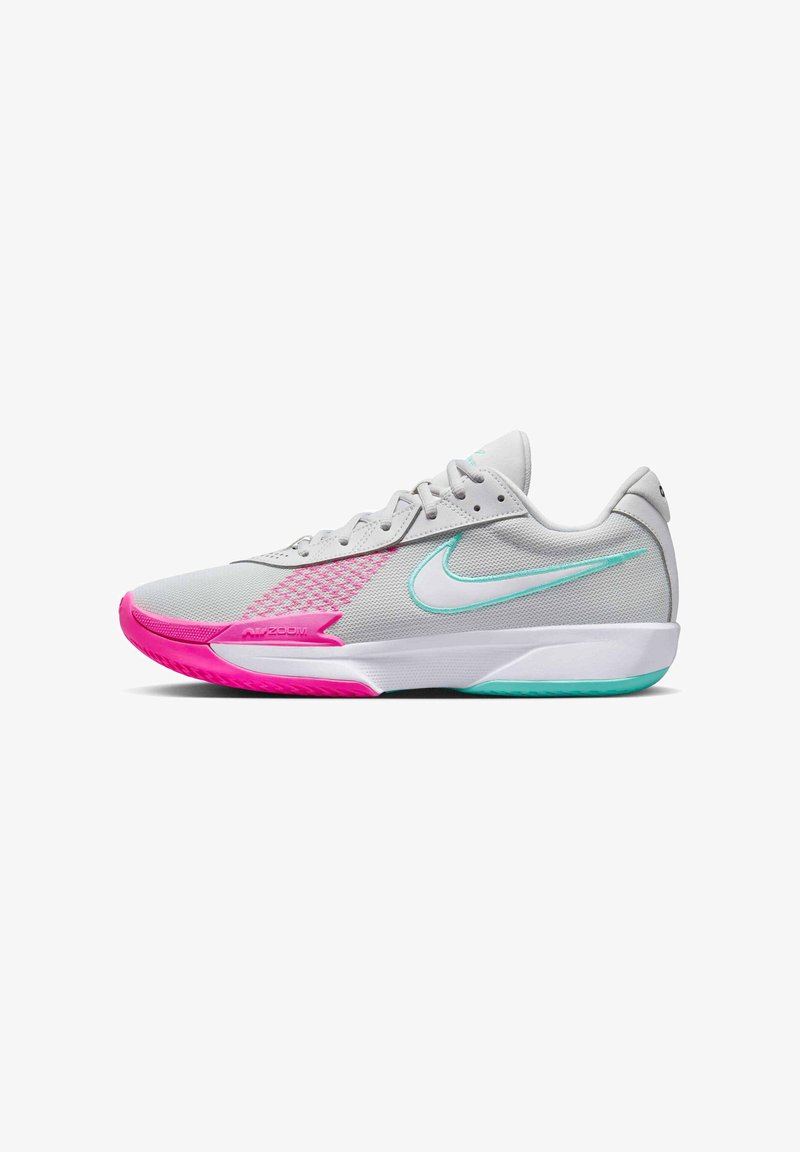 Nike athletic shoes with a light gray mesh upper, pink and turquoise accents, curved sole, and prominent Swoosh logo on the side.