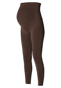 Bruine zwangerschapsleggingen, gemaakt van rekbare stof, met een hoge taille voor ondersteuning, taps toelopende benen en een gladde textuur.