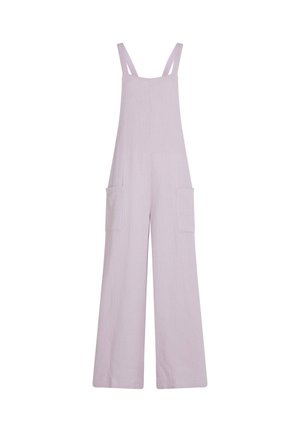 Combinaison salopette en coton lilas avec jambes larges, bretelles réglables et deux poches avant. Tissu texturé avec une apparence douce et légère.