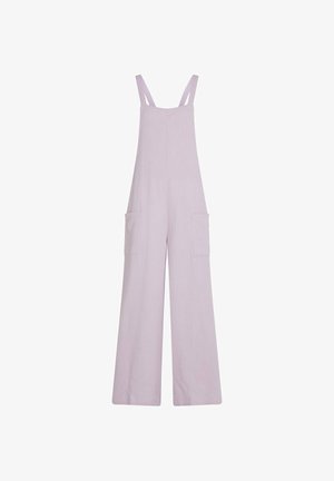 Lila katoenen overall met wijd uitlopende pijpen, verstelbare bandjes en twee zakken aan de voorkant. Getextureerde stof met een zachte, lichte uitstraling.