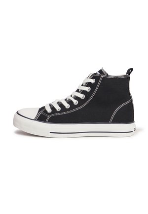 Black canvas high-top sneaker with white stitching, rubber toe cap, and round laces. Features a contrasting white sole and back heel tab.