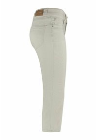 Lichtgrijze geribde damesjeans met een normale taille, vijf zakken en een leren logo-opdruk op de achterband.