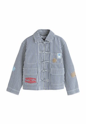Blue and white vertical striped jacket with front pockets, knotted button closures, and small red, brown, and blue shell and fish patches.