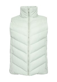 Gilet imbottito senza maniche di colore verde chiaro con colletto alto, dotato di una zip frontale e motivo a spina di pesce per l'isolamento termico.