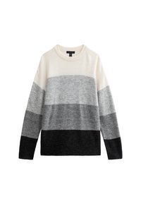 Pull léger avec col rond, fabriqué dans un tissu doux avec des rayures alternées en crème, gris clair, gris foncé et noir.