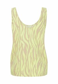 Top senza maniche con un motivo a strisce di tigre verde chiaro e beige. Realizzato in tessuto morbido con scollatura rotonda e vestibilità comoda.