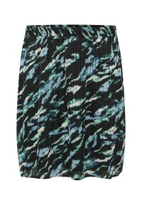 Gonna nera con design a pieghe caratterizzata da un motivo astratto verde e blu. Vita elastica, lunghezza media, materiale leggero.
