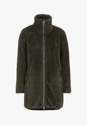 Dunkelgrüne Fleecejacke mit hohem Kragen, durchgehendem Reißverschluss und Seitentaschen. Weicher Stoff, lässige Passform und lange Ärmel.