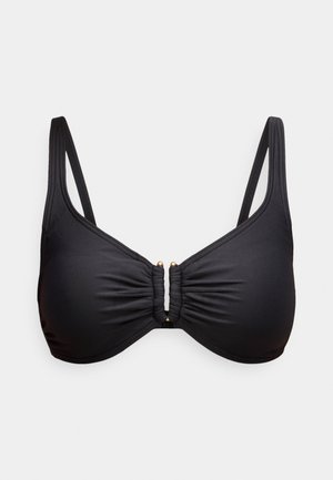 Melns bikini tops ar savilkumu centrā, aizdarei zelta elements un platas, regulējamas lences. Gluda tekstūra.