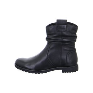Black mid-calf leather boot with a rounded toe, pull tab, stitched detailing, and textured rubber sole.