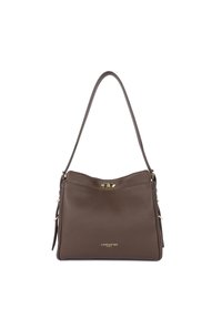 Borsa a tracolla in pelle marrone con una finitura testurizzata, dotata di hardware dorato, una singola tracolla e una chiusura a patta superiore.