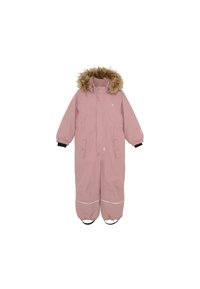 Roze geïsoleerd sneeuwpak met een capuchon van nepbont, ritssluiting, elastische mouwen en reflecterende strepen langs de benen. Heeft twee voorkruiszakken.