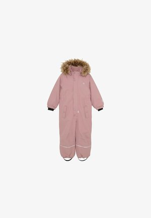 Rosaisolert snowsuit med hette foret med fuskepels, glidelås, elastiske mansjetter og reflekterende striper langs bena. Har to lommer foran.