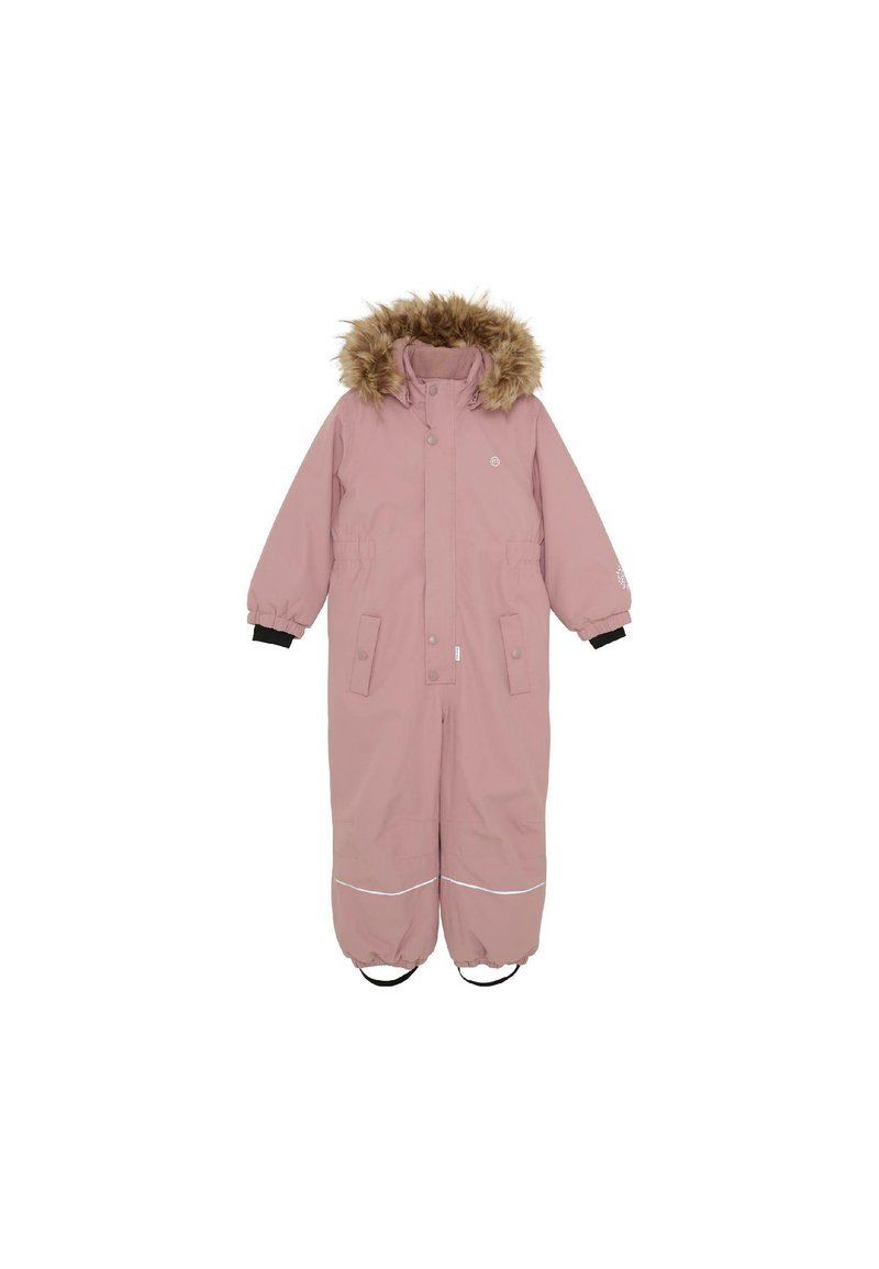 Roze geïsoleerd sneeuwpak met een capuchon van nepbont, ritssluiting, elastische mouwen en reflecterende strepen langs de benen. Heeft twee voorkruiszakken.