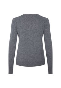 Grauer Pullover mit langen Ärmeln aus weichem Strickstoff. Verfügt über einen runden Ausschnitt und gerippte Bündchen, mit einer glatten, einheitlichen Textur.