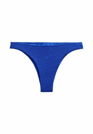 Lyseblåt tekstureret bikiniunderdel med højskåret ben, vist på en ensfarvet hvid baggrund.