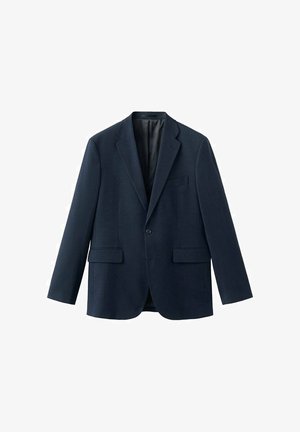 Marineblauer Blazer mit Reverskragen, Ein-Knopf-Verschluss und zwei Fronttaschen. Strukturierter Stoff mit glattem Innenfutter.
