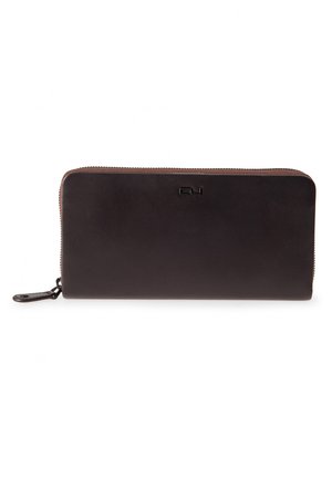 Black leather wallet with a smooth texture, zip closure along the top, subtle logo embossing on the front, and a wrist strap attachment.
