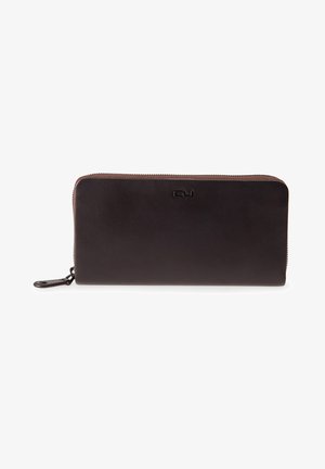 Black leather wallet with a smooth texture, zip closure along the top, subtle logo embossing on the front, and a wrist strap attachment.