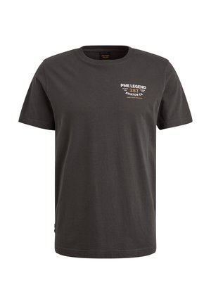 Grey cotton t-shirt with short sleeves, round neck, featuring printed text on the chest in cream and yellow. Casual fit and smooth texture.