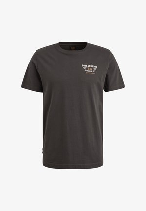 Grijze katoenen t-shirt met korte mouwen, ronde hals, met bedrukte tekst op de borst in crème en geel. Casual pasvorm en een gladde textuur.