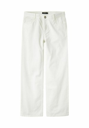 Jean blanc à jambe large en denim, doté d'une fermeture à bouton, d'un design à cinq poches et de coutures le long des seams.