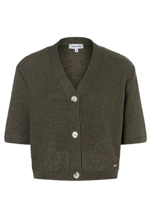 Short-sleeve dark olive knit cardigan with textured pattern, V-neck, and three large white buttons down the front.