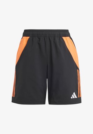 Schwarze Sportshorts mit orangefarbenen seitlichen Einsätzen, elastischem Bund und weißen Logodetails. Hergestellt aus leichtem, atmungsaktivem Material.
