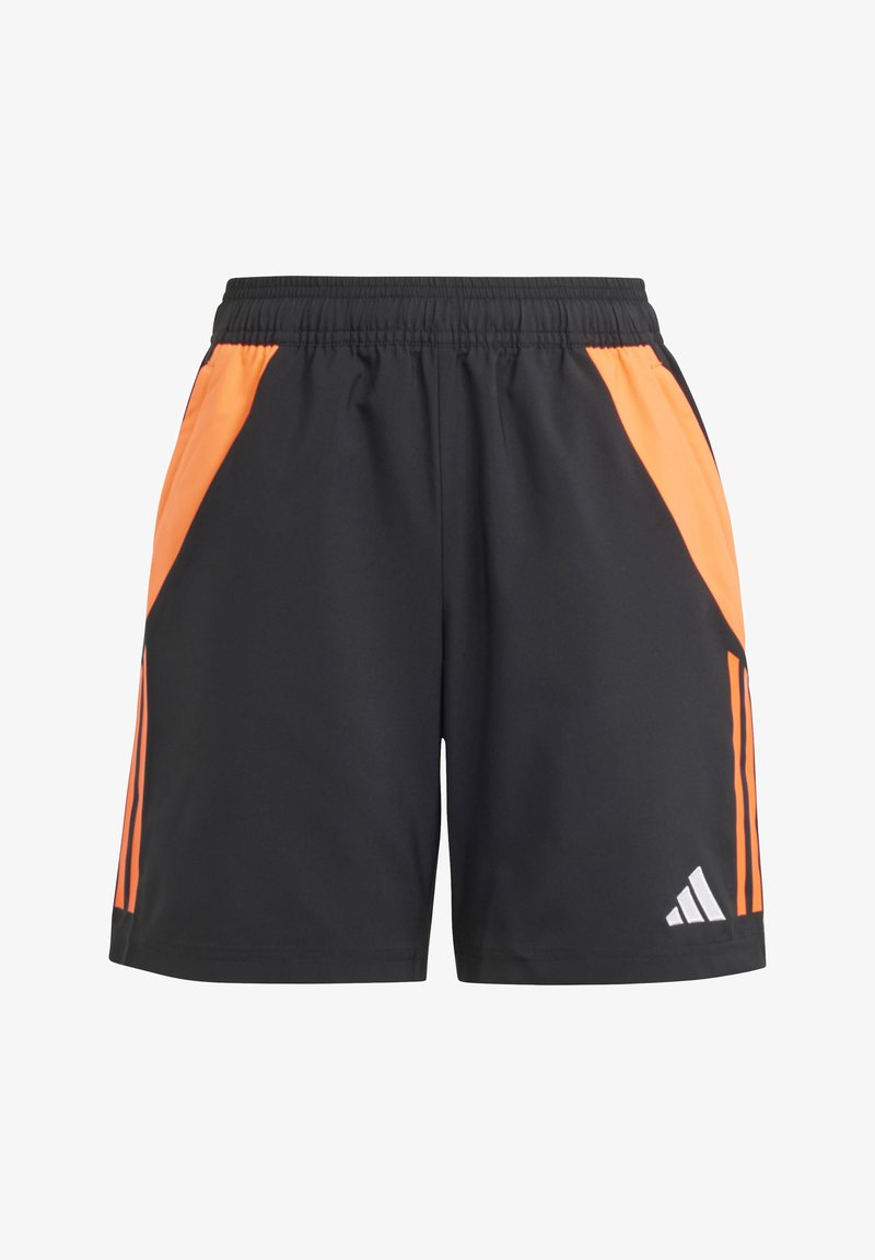 Schwarze Sportshorts mit orangefarbenen seitlichen Einsätzen, elastischem Bund und weißen Logodetails. Hergestellt aus leichtem, atmungsaktivem Material.