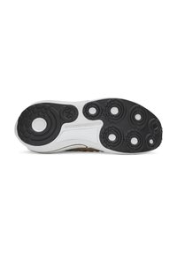 Athletic shoe outsole with a textured black, white, and brown rubber design. Features circular patterns for grip and cushioning elements.