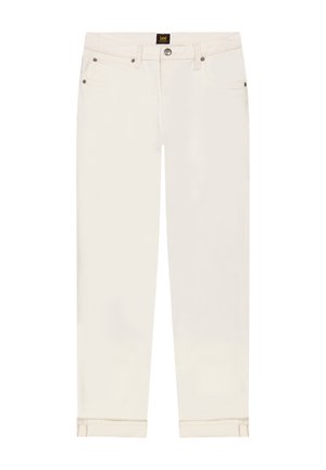 Witte jeans met rechte pijpen, omgeslagen zoom, voorzakken, riemlussen en een knoopsluiting met een Lee-merklabel op de tailleband.