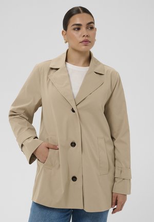Kvinde med mørkt hår iført beige trenchcoat, hvid skjorte og blå jeans, stående med den ene hånd i lommen og kiggende en smule til siden.