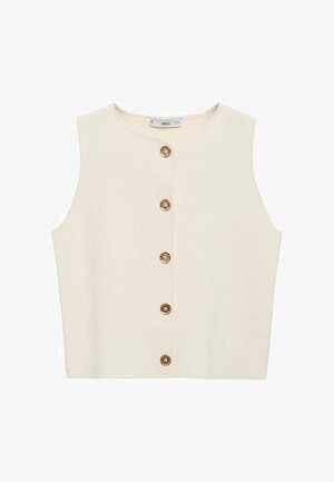 Krémový bezrukávový top s kulatým výstřihem, předním zapínáním na šest zlatých knoflíků a strukturovaným, boxy střihem.
