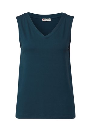 Bezramínkový tyrkysový top s výstřihem do V, vyrobený z měkké bavlny, s rovnými lemy a minimálními švy.