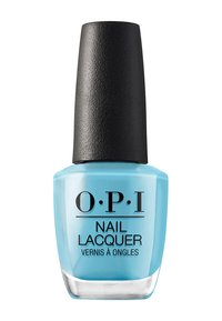 OPI nagellak in een lichtblauwe glazen fles met een gestructureerde zwarte dop; het etiket bevat de merknaam en productomschrijving in zwarte tekst.