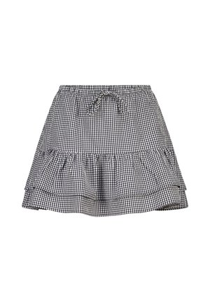Black and white gingham pattern skirt with a ruffled hem, elastic waistband, and adjustable drawstring. Lightweight fabric.