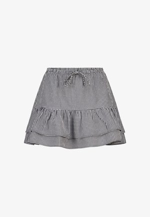 Hame harmaa ja valkoista ruudullista kangasta, jossa on röyhelöhelma, joustava vyötärö ja säädettävä nyöritys. Kevyt kangas.