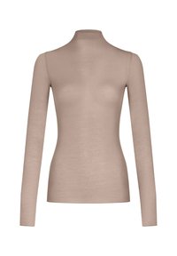 Langarm turtleneck top van zacht, lichtgewicht beige stof. Strakke pasvorm met een gladde, licht doorschijnende textuur en hoge hals.