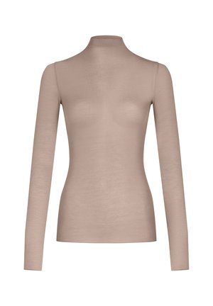Langarm turtleneck top van zacht, lichtgewicht beige stof. Strakke pasvorm met een gladde, licht doorschijnende textuur en hoge hals.