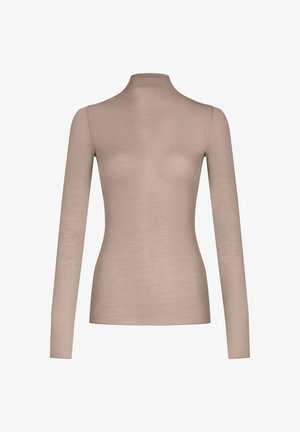 Haut à col roulé à manches longues en tissu beige doux et léger. Conception ajustée avec une texture lisse et légèrement transparente, et un col haut.
