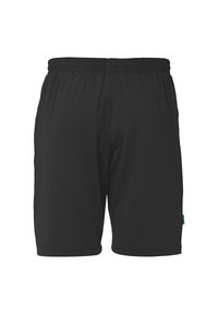 Zwarte sportshorts met een elastische tailleband. Gemaakt van lichtgewicht stof, met een gladde textuur en zonder zichtbare logo's of zakken.