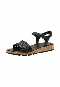 Zwarte geweven leren sandalen met een enkelbandje, kurken wigzool en gestructureerde rubberen buitenzool voor grip. Verstelbaar gespdetail.