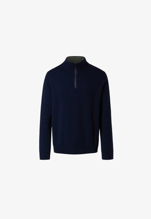 Navy blue pullover with a half-zip collar, made of soft fabric. Long sleeves with ribbed cuffs and hem, featuring a smooth texture.